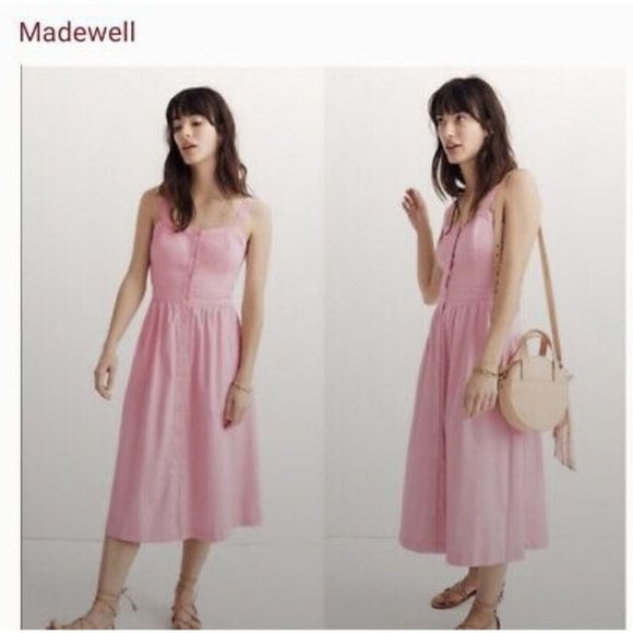 Madewell Pink Fleur Bow-Back Midi Apron Dress Sundress Button Hip Pockets, 2 - Picture 1 of 11